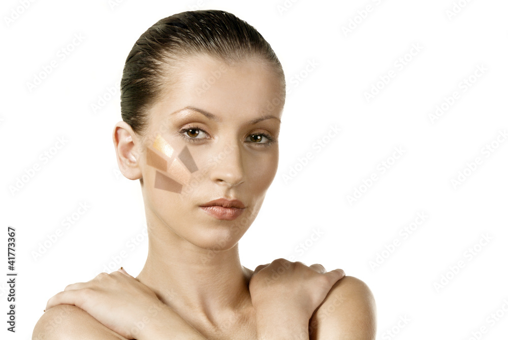 Girl showing differences of face powder Girl showing differences of face powder