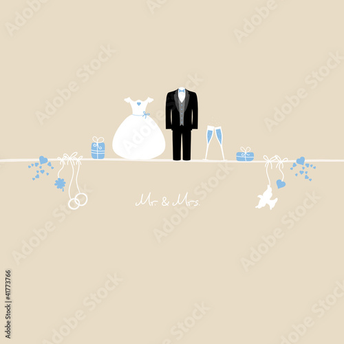 Wedding Symbols Mr. & Mrs. Blue Beige Background