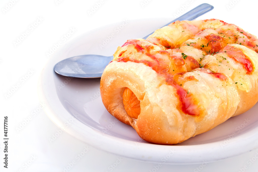 sausage bread thai bakery on plate and spoon sausage bread thai bakery on plate and spoon