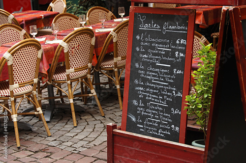 Street view of a coffee terrace in Strasbourg, Alsace, France