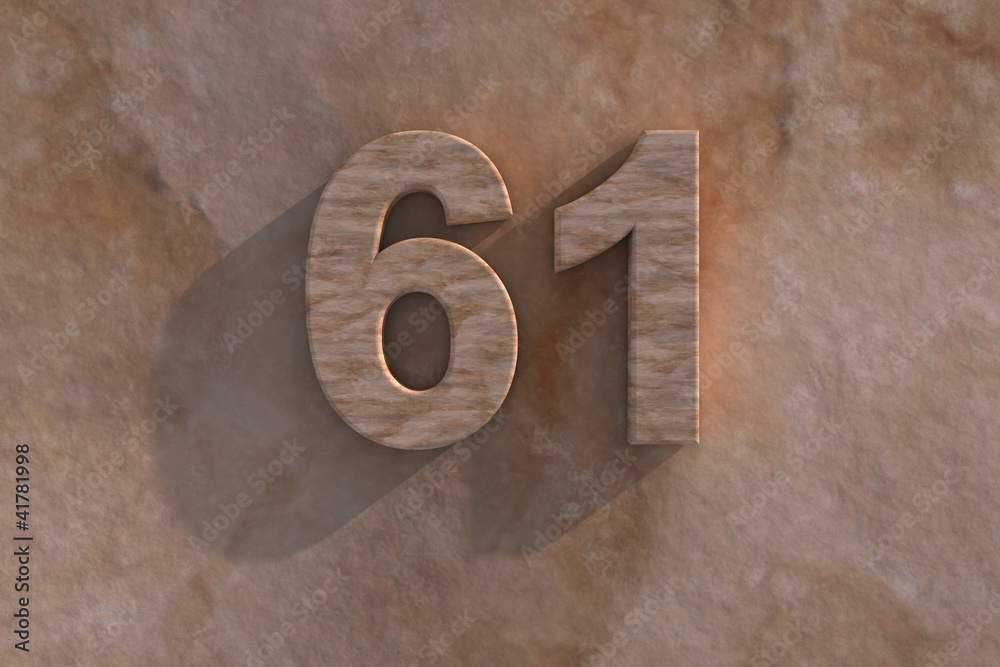 The number 61 carved from marble on marble base The number 61 carved from marble on marble base