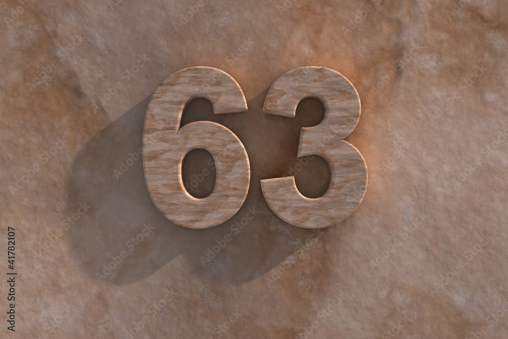 The number 63 carved from marble on marble base The number 63 carved from marble on marble base