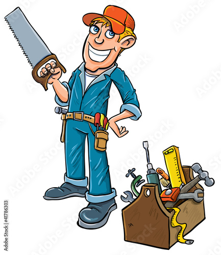 Cartoon handyman with toolbox.