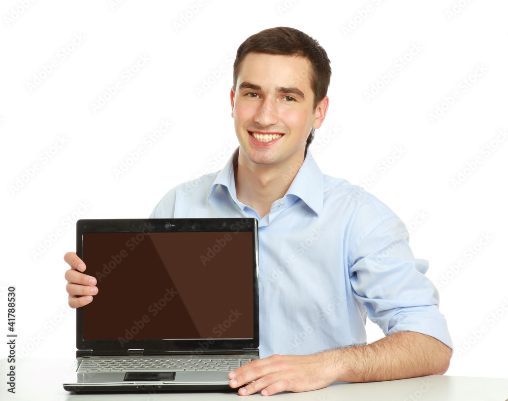 Businessman presenting laptop isolated on white Businessman presenting laptop isolated on white