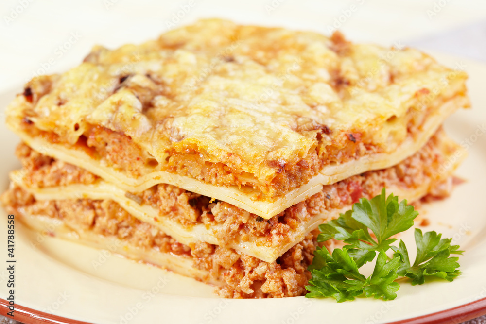 Italian cuisine. Meat lasagna closeup