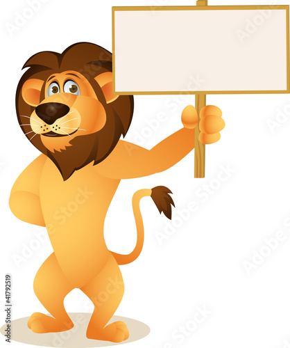 Fototapeta Naklejka Na Ścianę i Meble -  Funny Lion Cartoon With Blank Sign
