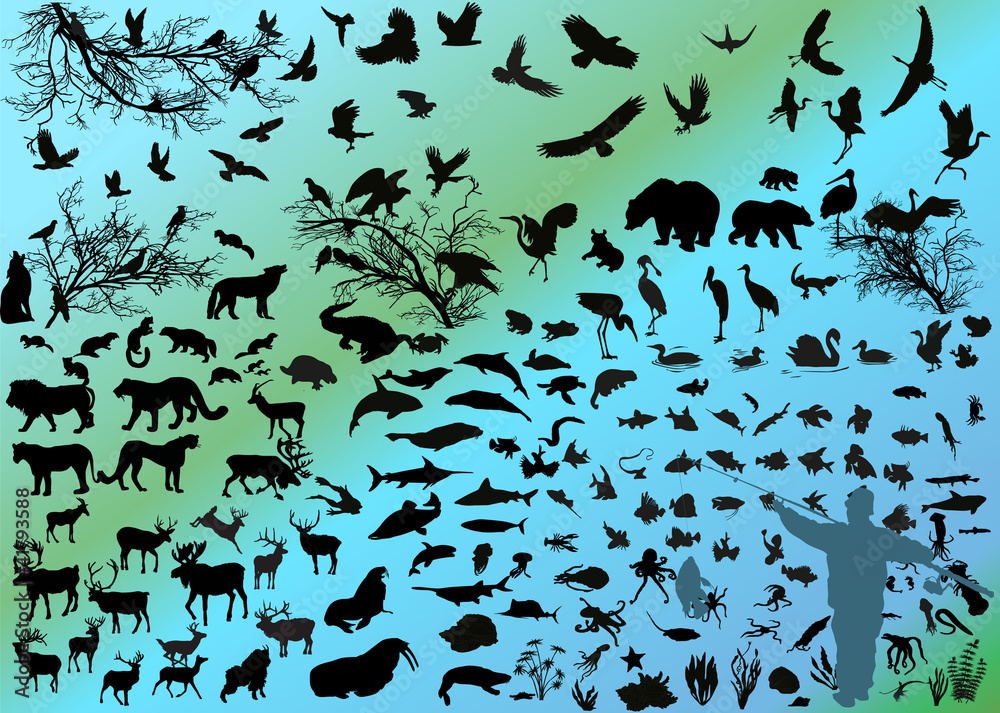 Obraz premium sylwetki różnych zwierząt na jasnym tle
