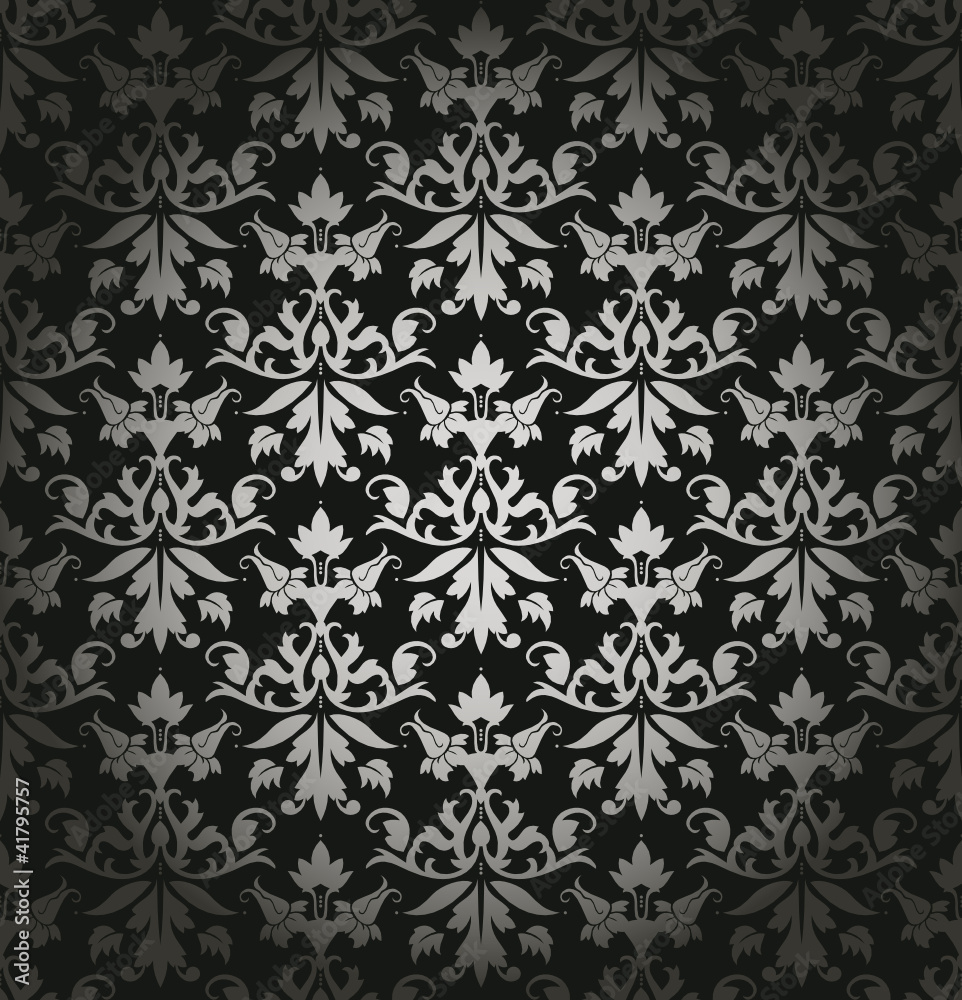 Black/Silver Seamless Flowers/Leafs Damask Pattern