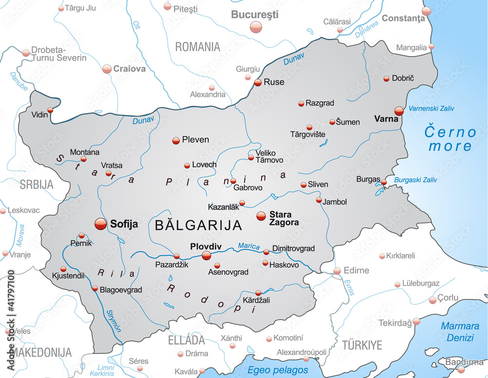 Map of Bulgaria with neighboring countries in grey