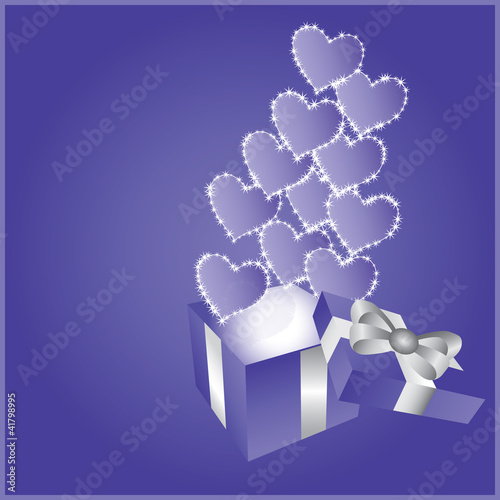 Vector blue present box with hearts / greeting card