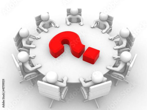 3d person at conference table and question mark