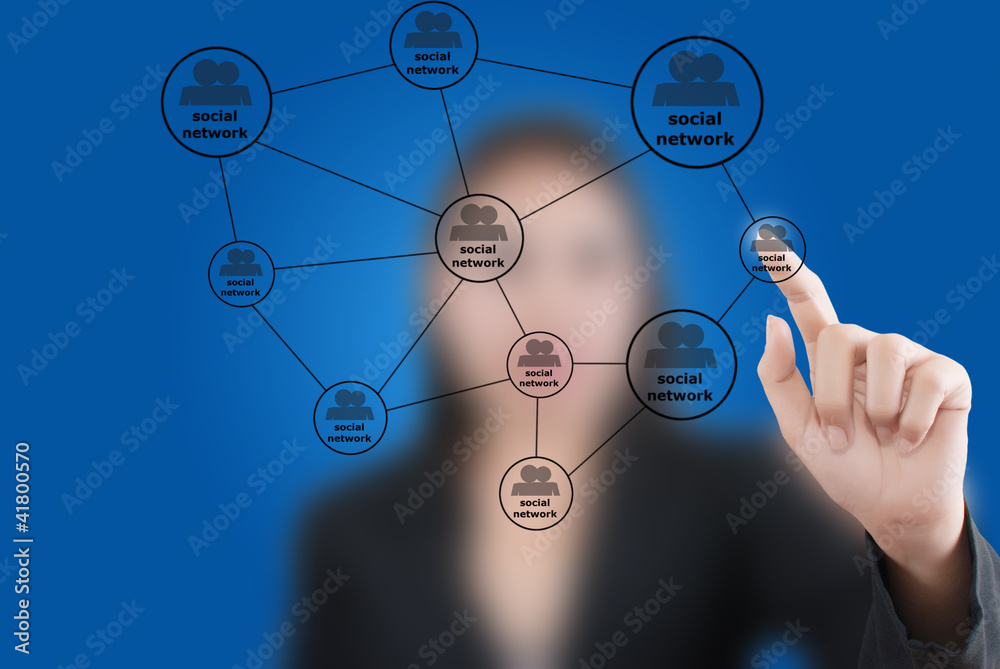 Business lady pushing Social Network diagram. Business lady pushing Social Network diagram.
