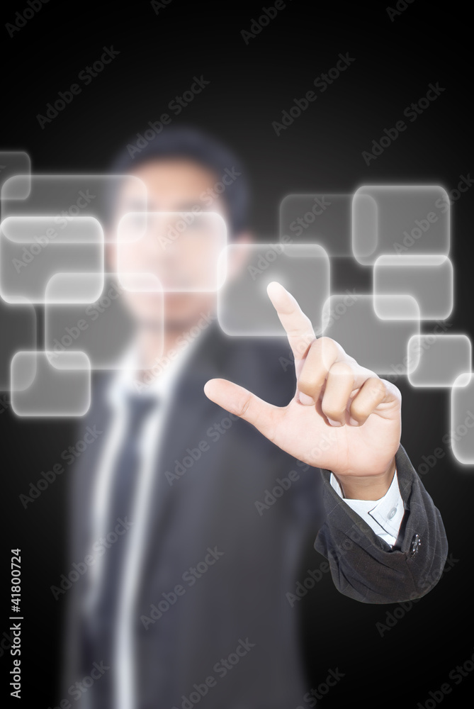 Businessman pushing Button on the whiteboard. Businessman pushing Button on the whiteboard.