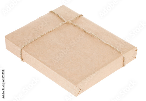 parcel wrapped tied with rope isolated on white