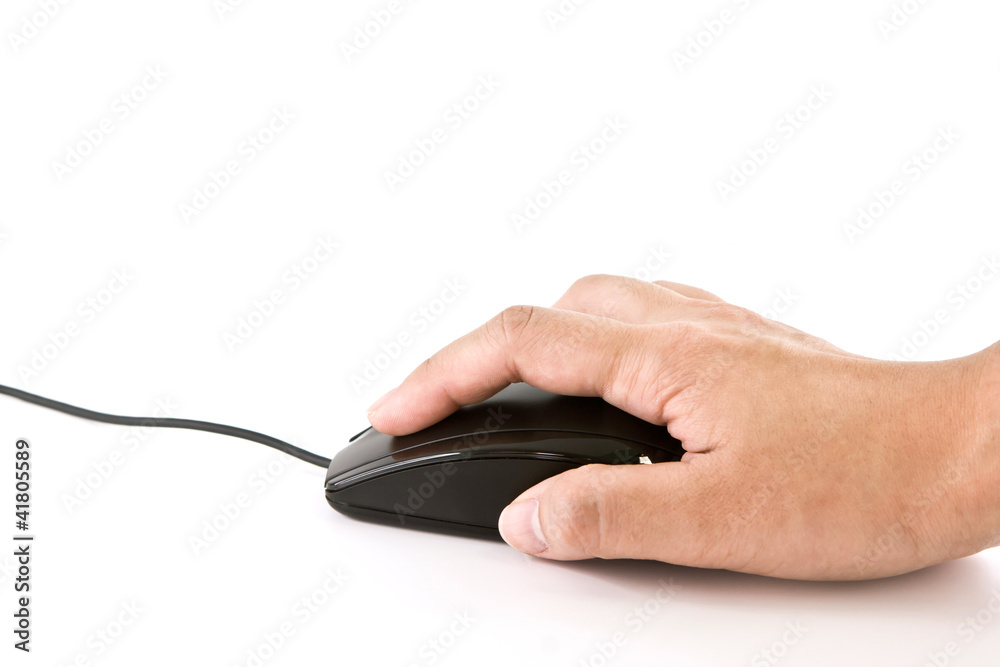 computer mouse with hand over white computer mouse with hand over white