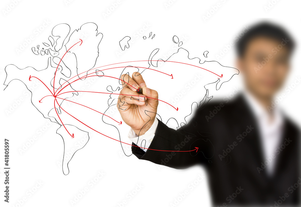 Businessman hand drawing a social network scheme on a whiteboard