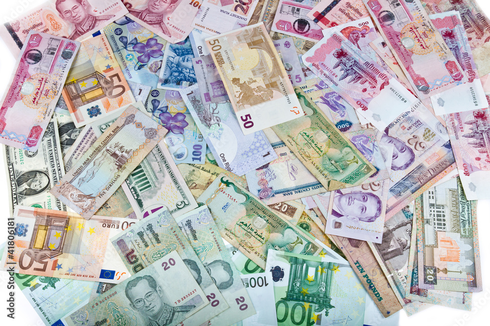 Currencies, worldwide money, banknotes, exchange rate