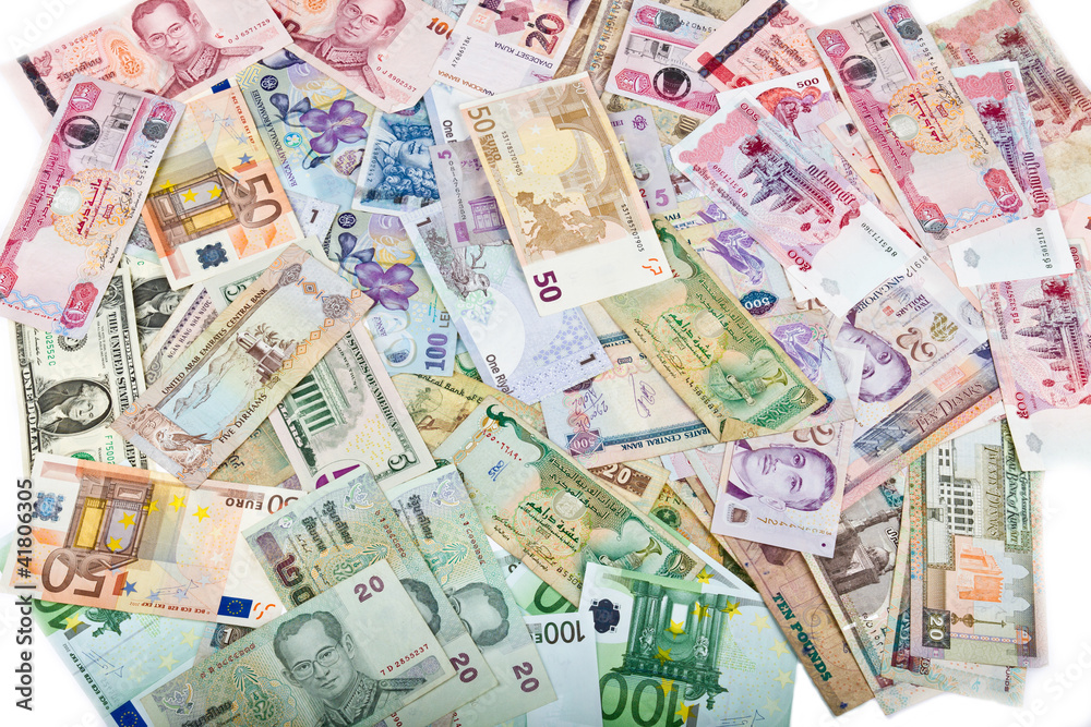 Currencies, worldwide money, banknotes, exchange rate