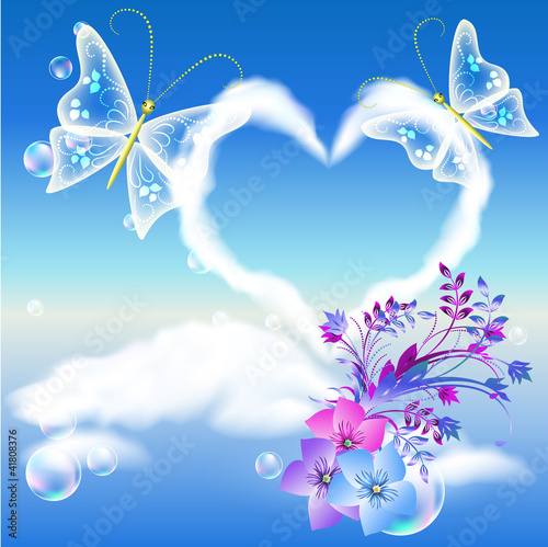 Clouds heart and two butterflies