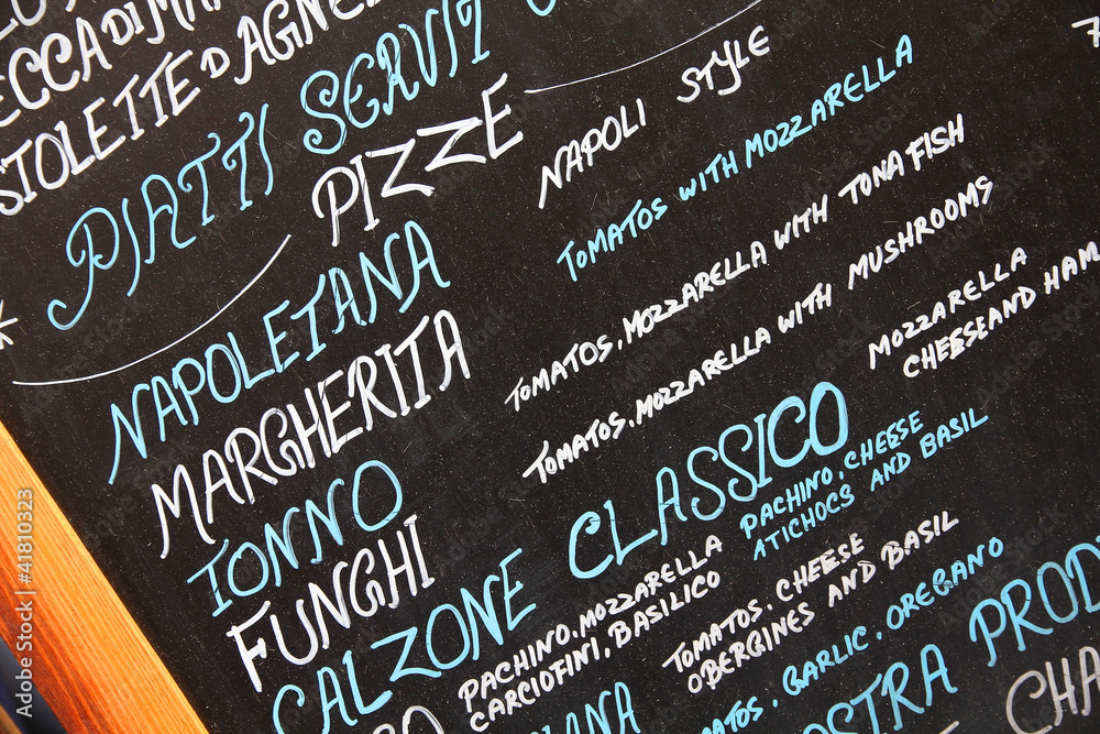 Obraz premium Pizzeria menu in Rome, Italy