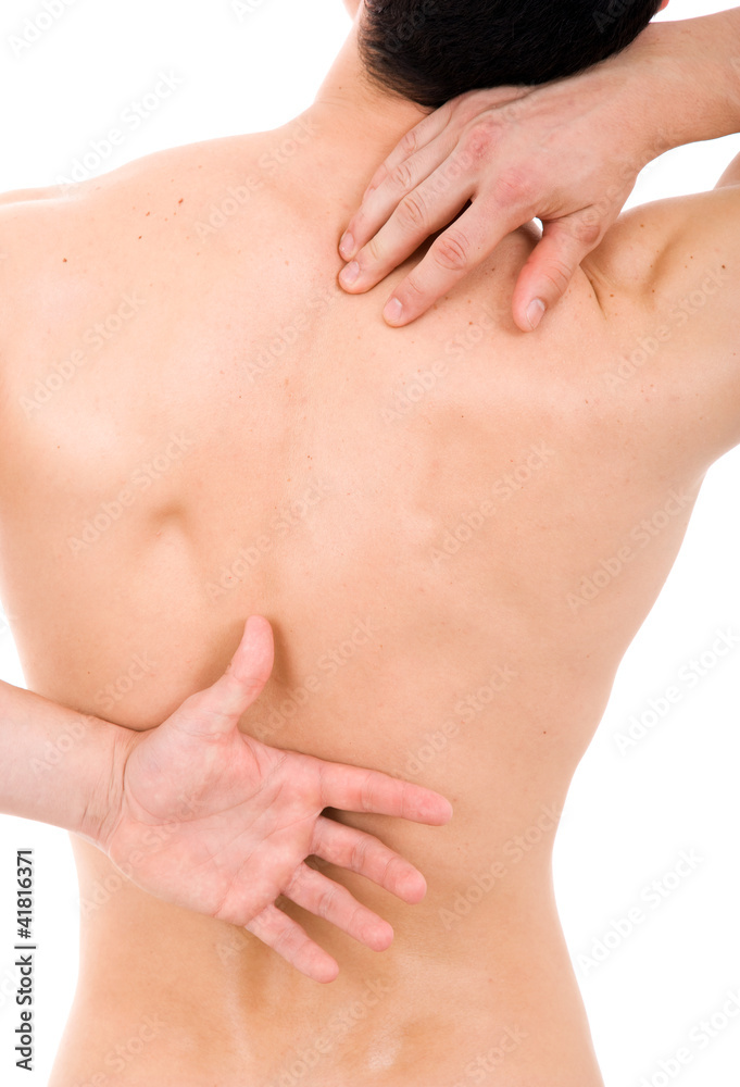 Young man with back pain, isolated on white Young man with back pain, isolated on white