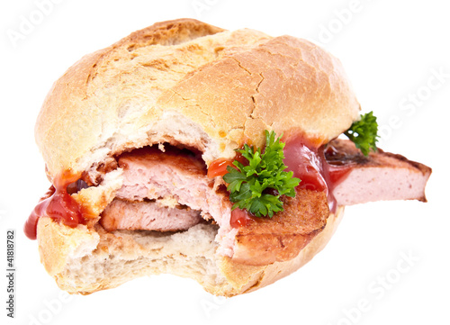 Bitten off meat loaf roll isolated on white