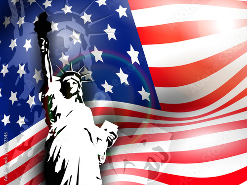 Statue of liberty on American flag  background.