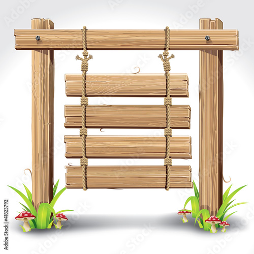 Wood Sign Board hanging with Rope on a grass and mushrooms. vect