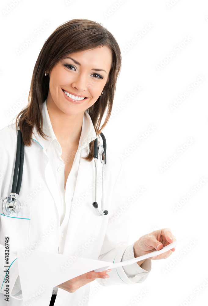 Smiling female doctor with documents, over white Smiling female doctor with documents, over white