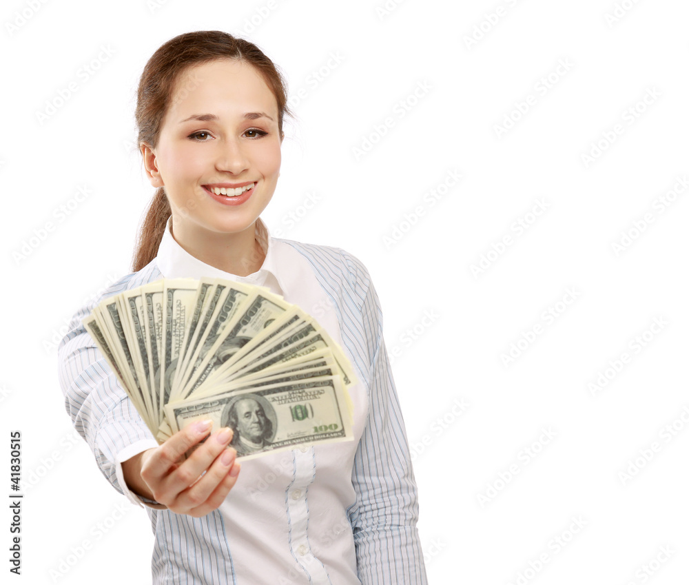 A young woman holding money, isolated on white A young woman holding money, isolated on white