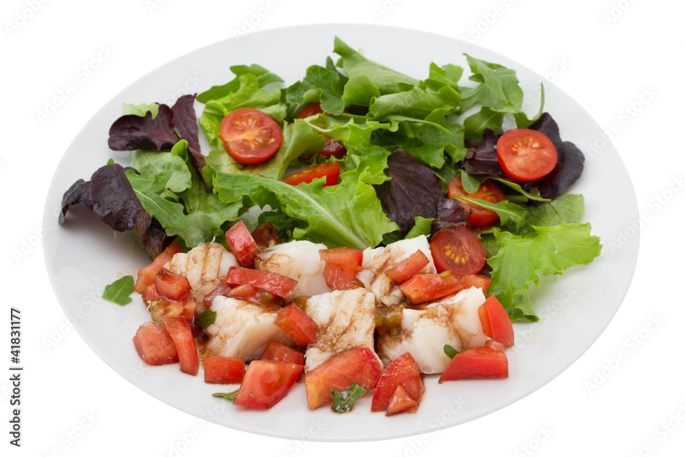 boiled fish with sauce and vegetable salad boiled fish with sauce and vegetable salad