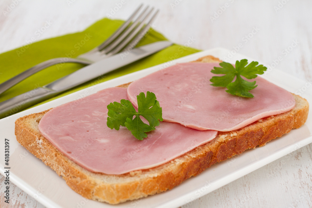 bread with ham and parsley on the plate bread with ham and parsley on the plate