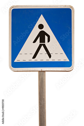 Blue Pedestrian Cross Sign on White Background