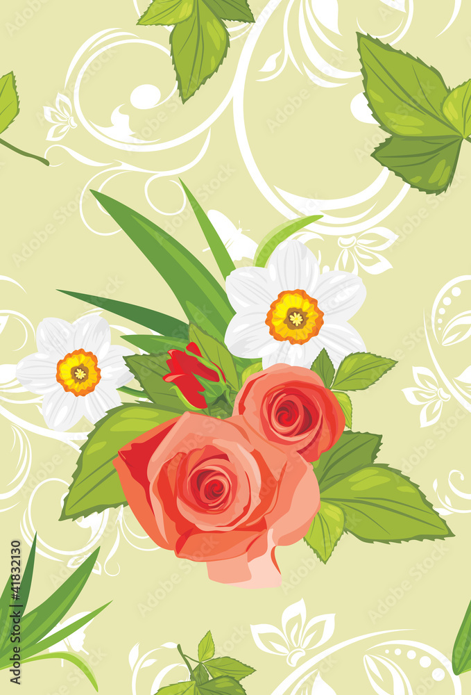 Ornamental background with roses and daffodils