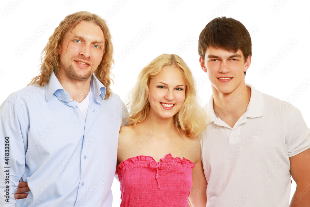 closeup of three young people smiling on white background closeup of three young people smiling on white background