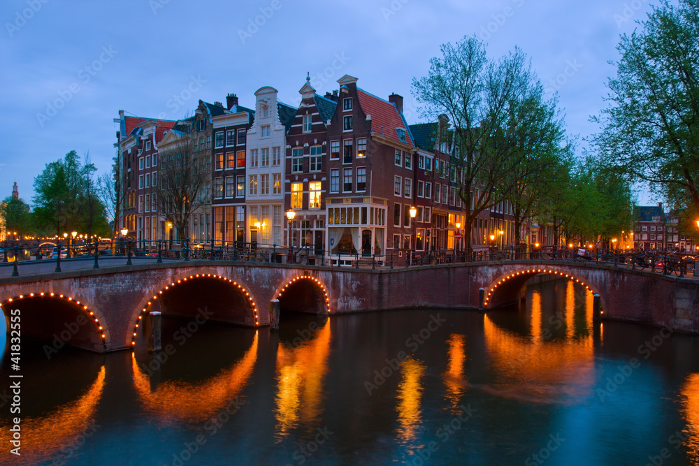 canals of Amsterdam, the Netherlands at dusk