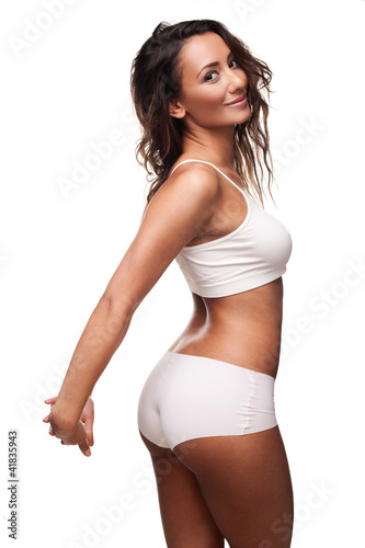 Beautiful dark skinned girl in skimpy shorts