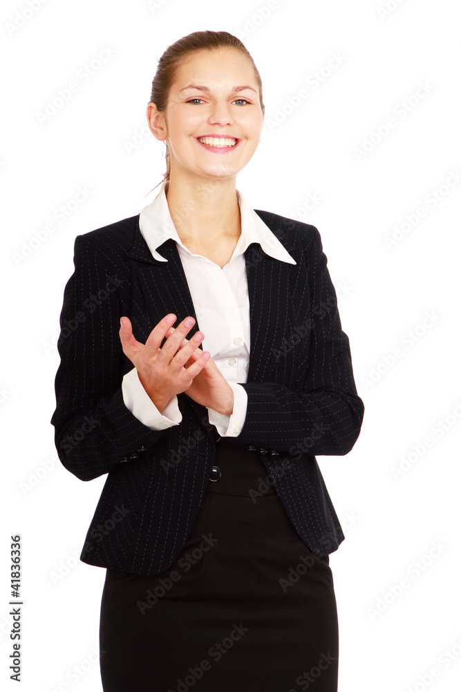 A young attractive woman applauding, isolated on white A young attractive woman applauding, isolated on white