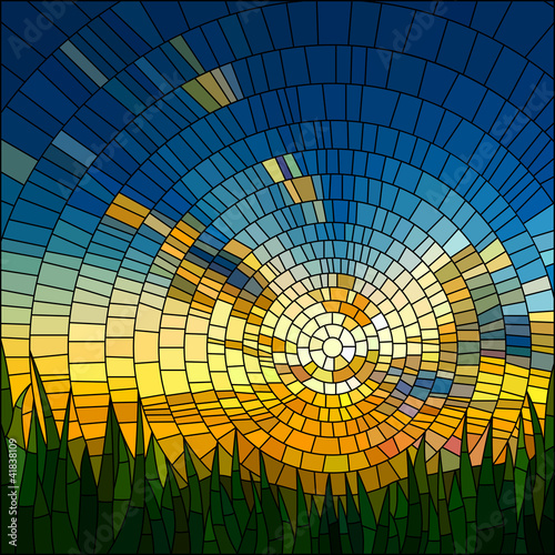 Vector illustration of sunset in grass.