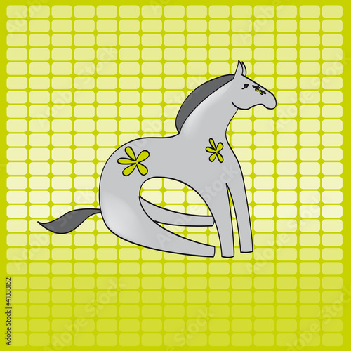 cheval antique gris assis de profil fond vert