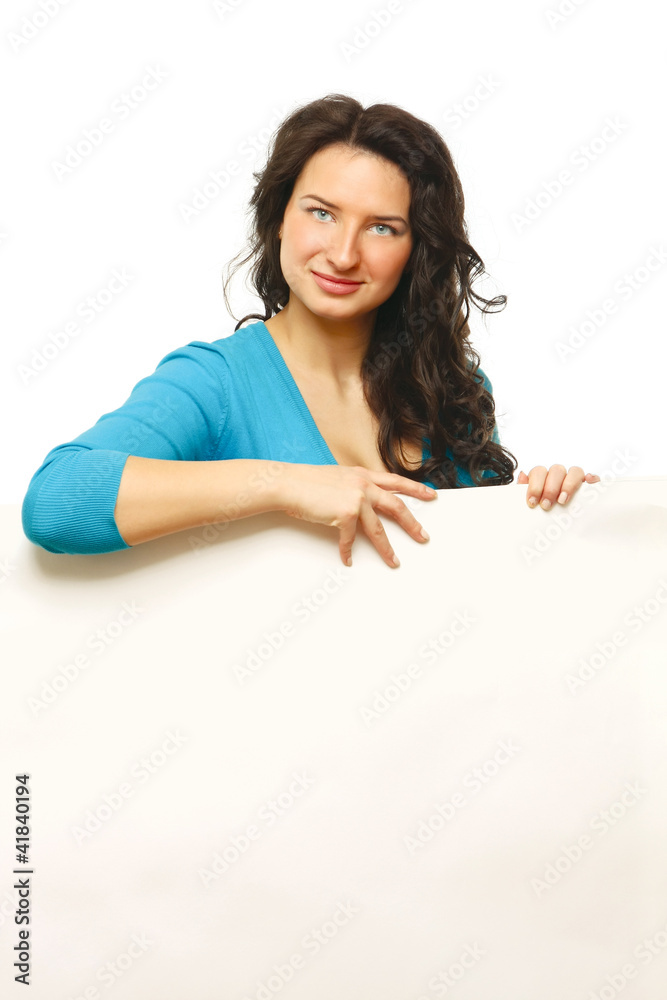 A beautiful woman with a blank, isolated on white background A beautiful woman with a blank, isolated on white background