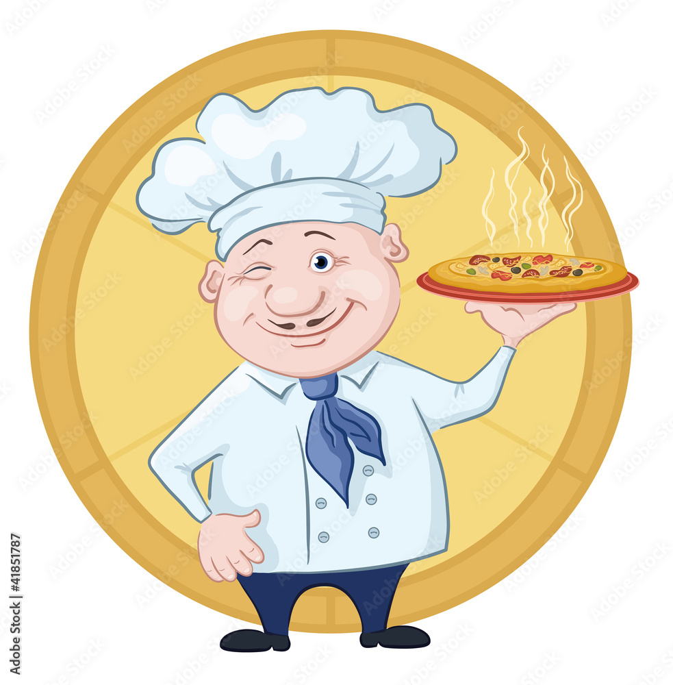 Cook with pizza on a circular background Cook with pizza on a circular background