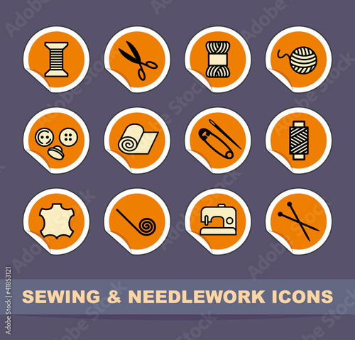 Sewing and needlework icons on stickers