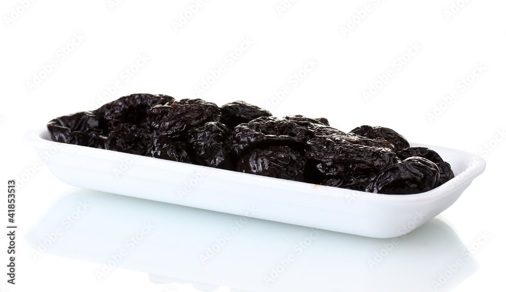 yummy dried plums in packaging isolated on white yummy dried plums in packaging isolated on white
