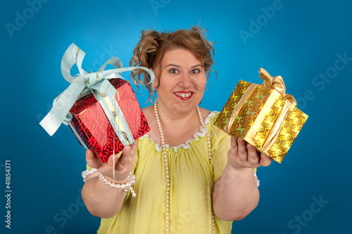 Quadro em tela happy fat woman with a gift