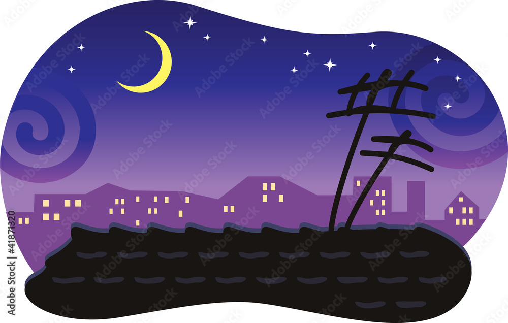 Naklejka premium Stylized night cityscape with a tiled roof and the moon.