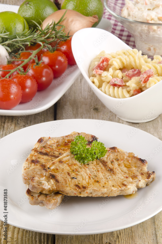 pork chops with noodle salad