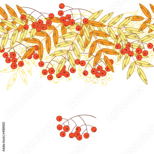 Autumnal seamless background with rowanberry and leaves.