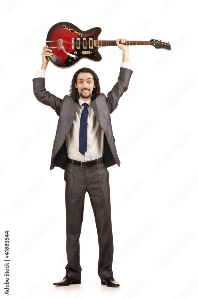 Obraz premium Guitar player in business suit on white