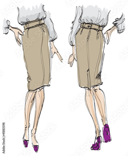 SKETCH. fashion girl. girl in a skirt and high heels shoes